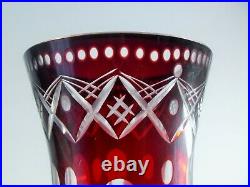 Ancienne Vase Cristal Double Couleur Bordeaux Taille Poli Bohème Avant 1936