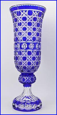 Ancienne XXL Grand Vase Cristal Double Couleur Bleu Massif Taille Lorraine 55cm