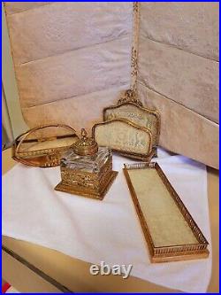 Ancienne garniture de bureau encrier cristal armature en laiton doré