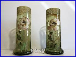 Ancienne paire de vase émaillé verre bleu décor fleurs orchidée Montjoye LEGRAS