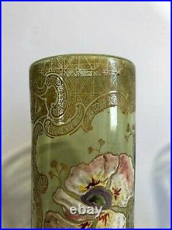 Ancienne paire de vase émaillé verre bleu décor fleurs orchidée Montjoye LEGRAS