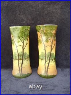 Ancienne paire de vases Legras en verre émaillé paysage lacustre signé déposé