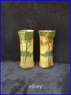 Ancienne paire de vases Legras en verre émaillé paysage lacustre signé déposé