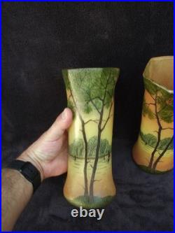 Ancienne paire de vases Legras en verre émaillé paysage lacustre signé déposé