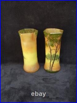 Ancienne paire de vases Legras en verre émaillé paysage lacustre signé déposé