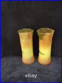 Ancienne paire de vases Legras en verre émaillé paysage lacustre signé déposé