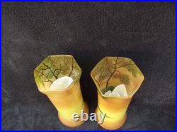 Ancienne paire de vases Legras en verre émaillé paysage lacustre signé déposé Ancienne paire de vases Legras en verre émaillé paysage lacustre signé déposé