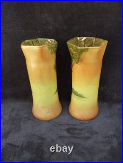 Ancienne paire de vases Legras en verre émaillé paysage lacustre signé déposé