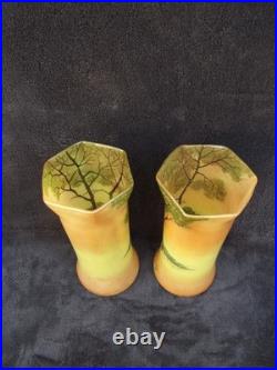 Ancienne paire de vases Legras en verre émaillé paysage lacustre signé déposé