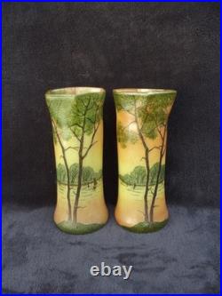 Ancienne paire de vases Legras en verre émaillé paysage lacustre signé déposé