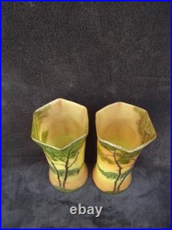Ancienne paire de vases Legras en verre émaillé paysage lacustre signé déposé