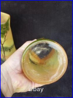 Ancienne paire de vases Legras en verre émaillé paysage lacustre signé déposé