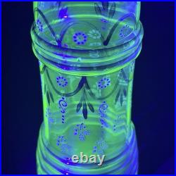 Antique Bohemian uranium glass decanter with enamel decoration