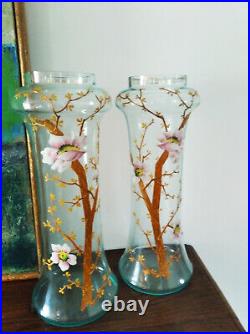 Art Nouveau / Paire de grands vases émaillés 1900-Décor fleurs de pommiers