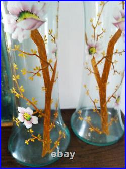 Art Nouveau / Paire de grands vases émaillés 1900-Décor fleurs de pommiers