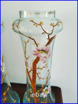 Art Nouveau / Paire de grands vases émaillés 1900-Décor fleurs de pommiers