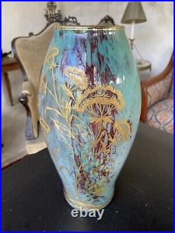Art Nouveau Splendide Vase Verre Turquoise A Decor D'ombelles En Dorure Émaillée