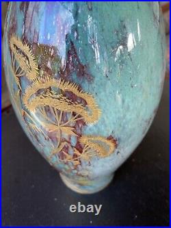 Art Nouveau Splendide Vase Verre Turquoise A Decor D'ombelles En Dorure Émaillée