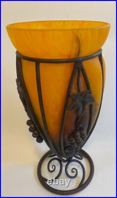 Art déco vase pâte de verre et fer forgé LE VERRE FRANCAIS(Charles Schneider)