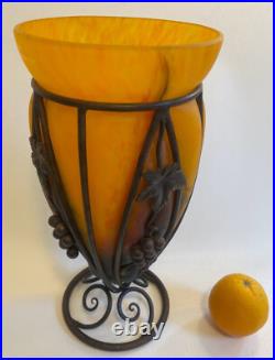 Art déco vase pâte de verre et fer forgé LE VERRE FRANCAIS(Charles Schneider)