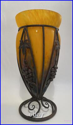 Art déco vase pâte de verre et fer forgé LE VERRE FRANCAIS(Charles Schneider)