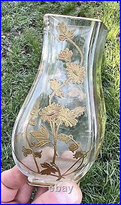 Baccarat Enamelled Gold Crystal Glass Vase Cristal Emaille Grave Fleurs Or Dore