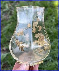 Baccarat Enamelled Gold Crystal Glass Vase Cristal Emaille Grave Fleurs Or Dore