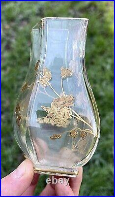 Baccarat Enamelled Gold Crystal Glass Vase Cristal Emaille Grave Fleurs Or Dore