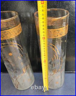 Baccarat Ou Saint Louis Paire De Grands Vases Cristal Decor Givré Doré Ht 36cm