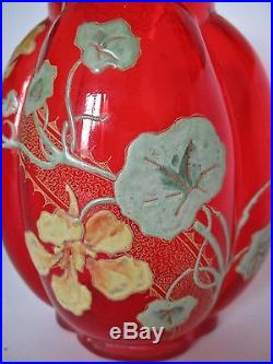 Beau VASE Legras verre émaillé rouge décor de capucines Era MONTJOYE 1900