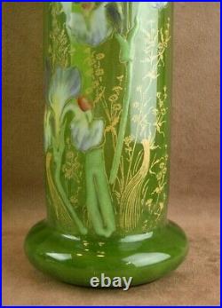 Beau Vase En Verre Emaillé Art Nouveau Decor D'iris Legras