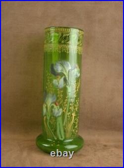 Beau Vase En Verre Emaillé Art Nouveau Decor D'iris Legras
