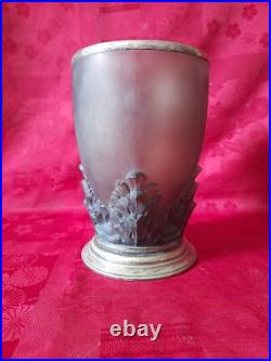 Beau vase signé Verart france en verre fumé verrerie Dumas feuilles en relief