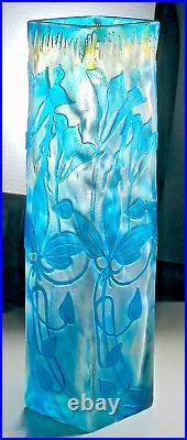 CRISTALLERIE de PANTIN VASE en VERRE BLEU DÉGAGÉ à L'ACIDE ART NOUVEAU ca 1900