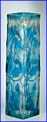 CRISTALLERIE de PANTIN VASE en VERRE BLEU DÉGAGÉ à L'ACIDE ART NOUVEAU ca 1900