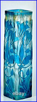 CRISTALLERIE de PANTIN VASE en VERRE BLEU DÉGAGÉ à L'ACIDE ART NOUVEAU ca 1900