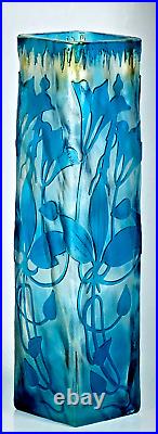 CRISTALLERIE de PANTIN VASE en VERRE BLEU DÉGAGÉ à L'ACIDE ART NOUVEAU ca 1900