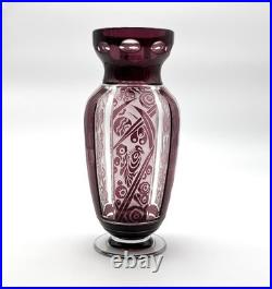 CRISTALLERIES DE NANCY ancien vase ART DECO cristal doublé AMETHYSTE signé 26 cm