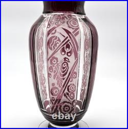 CRISTALLERIES DE NANCY ancien vase ART DECO cristal doublé AMETHYSTE signé 26 cm