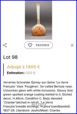 Charder/schneider Vase Berluze Pate De Verre Modele Fougeres 1927 Ht. 36cm