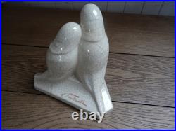 Couple perroquets inséparables, art déco, signé Fontinelle, craquelé ivoire
