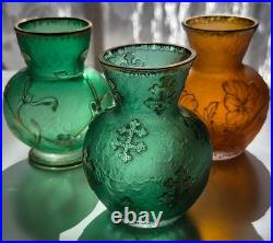 DAUM NANCY FRANCE Set of 3 SUPERB Art Nouveau Glass Vases Emerald Orange c1890
