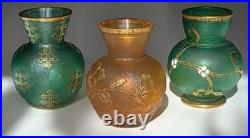 DAUM NANCY FRANCE Set of 3 SUPERB Art Nouveau Glass Vases Emerald Orange c1890