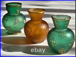 DAUM NANCY FRANCE Set of 3 SUPERB Art Nouveau Glass Vases Emerald Orange c1890