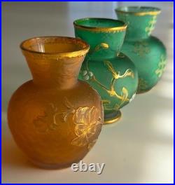 DAUM NANCY FRANCE Set of 3 SUPERB Art Nouveau Glass Vases Emerald Orange c1890