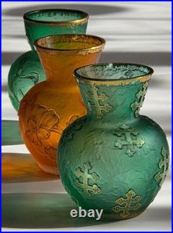DAUM NANCY FRANCE Set of 3 SUPERB Art Nouveau Glass Vases Emerald Orange c1890