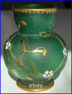 DAUM NANCY FRANCE Set of 3 SUPERB Art Nouveau Glass Vases Emerald Orange c1890