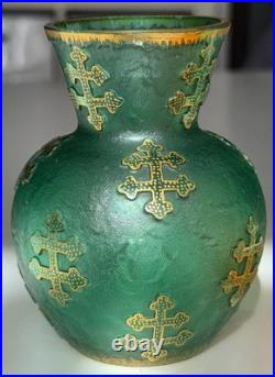 DAUM NANCY FRANCE Set of 3 SUPERB Art Nouveau Glass Vases Emerald Orange c1890