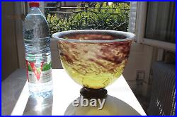 DAUM NANCY Vase coupe monumental pâte de verre décor paillettes or