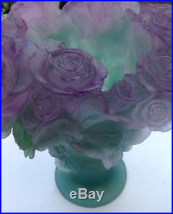 Daum France Grand Vase Cristal Fleurs De Roses Bicolore Art Floral